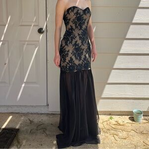 La Femme Black Lace Strapless Dress